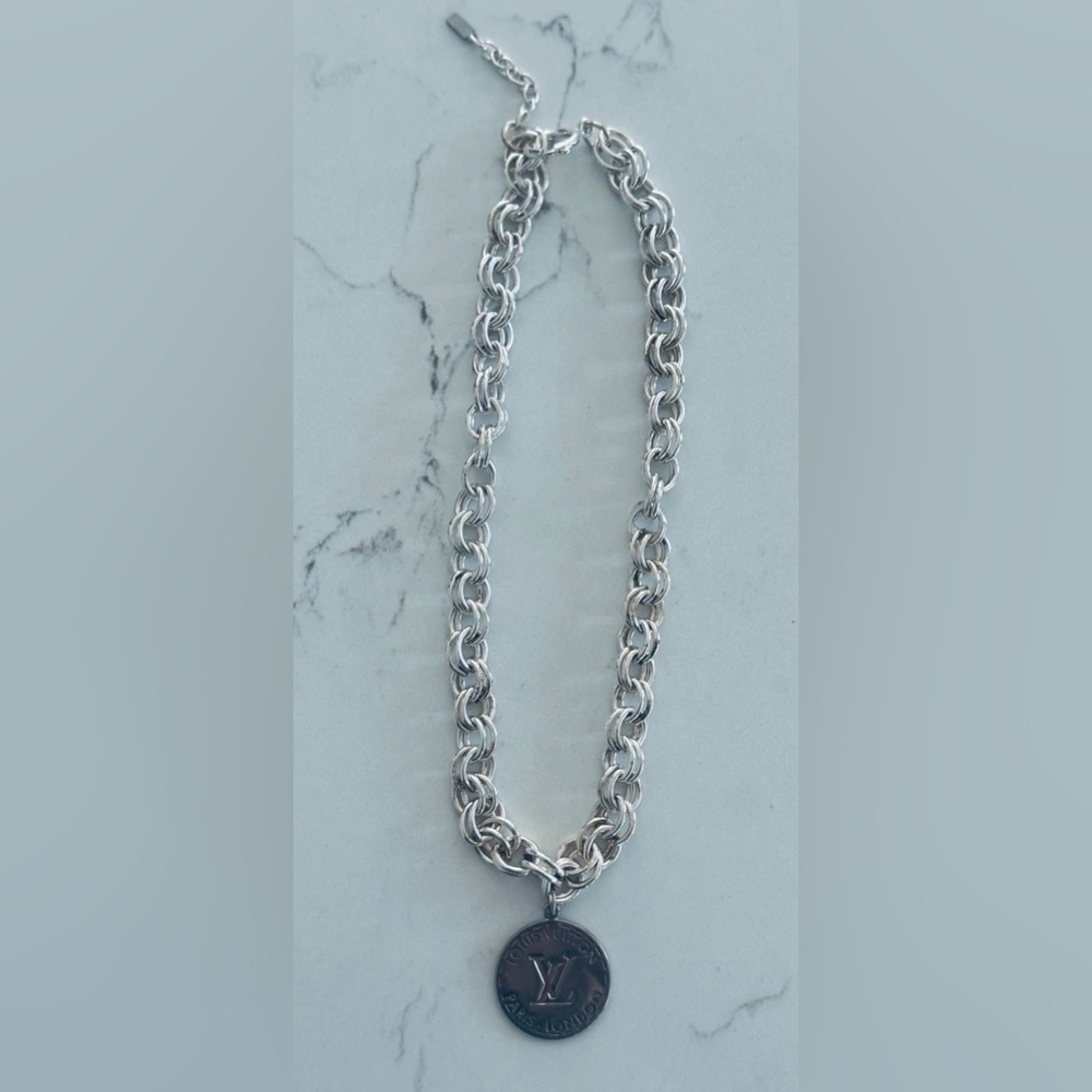 Silver Double Link 20” Chain Necklace w/ Rare 1 1/4” Louis Vuitton Pendant